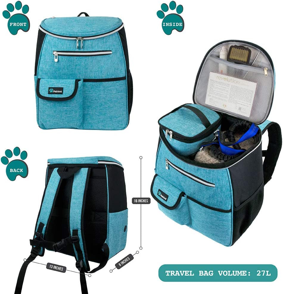 Dog Travel Backpack 27L Airline Approved Pet Supplies Bag, Teal Blue