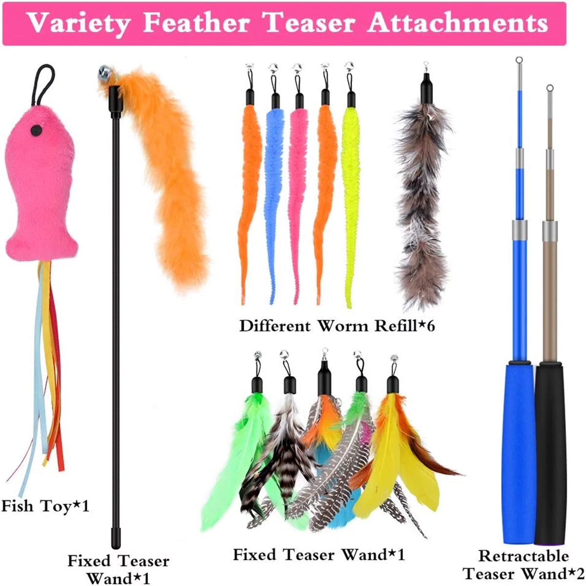 Cat Feather Toys, 13PCS Replacement Teaser with Bell Refills and 2PCS Retractable Cat Wand Toy , Interactive Cat Wand for Kitten Cat Having Fun Playing