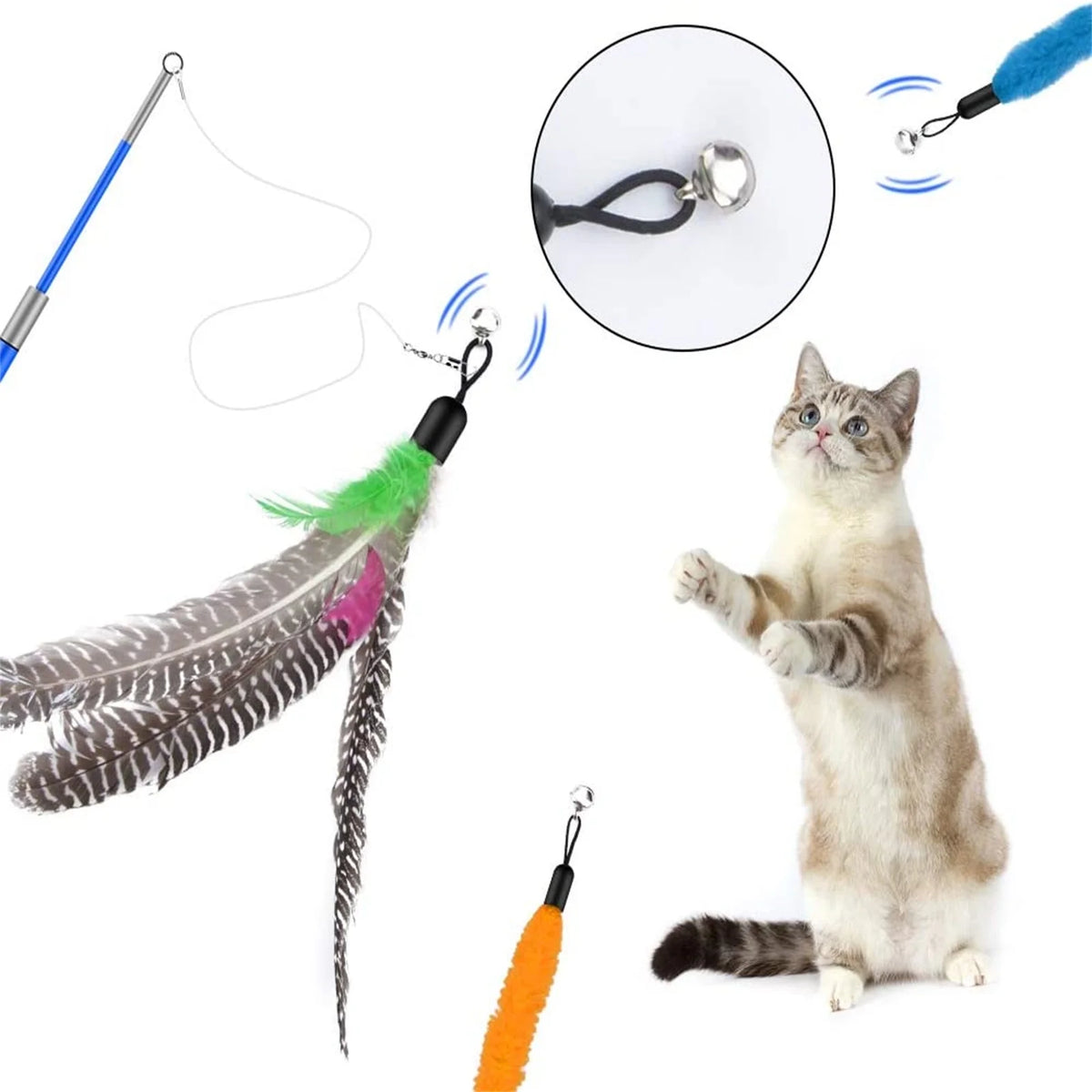Cat Feather Toys, 13PCS Replacement Teaser with Bell Refills and 2PCS Retractable Cat Wand Toy , Interactive Cat Wand for Kitten Cat Having Fun Playing