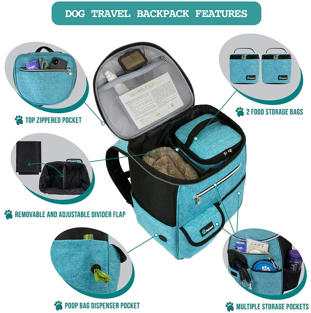 Dog Travel Backpack 27L Airline Approved Pet Supplies Bag, Teal Blue