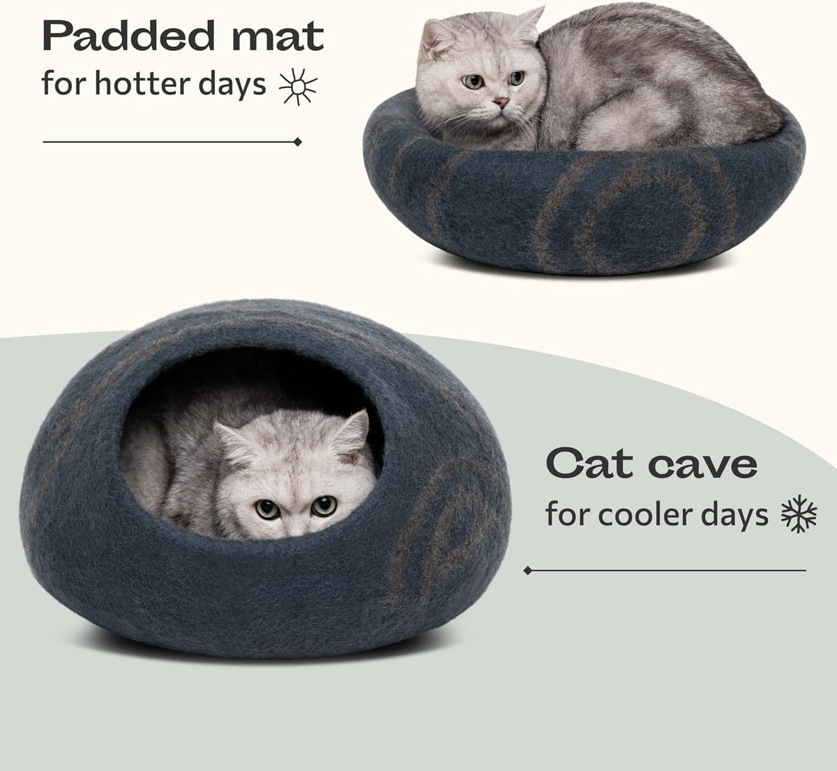 Cat Cave – Natural Wool – Self-Warming Hideaway for Indoor Cats & Kittens