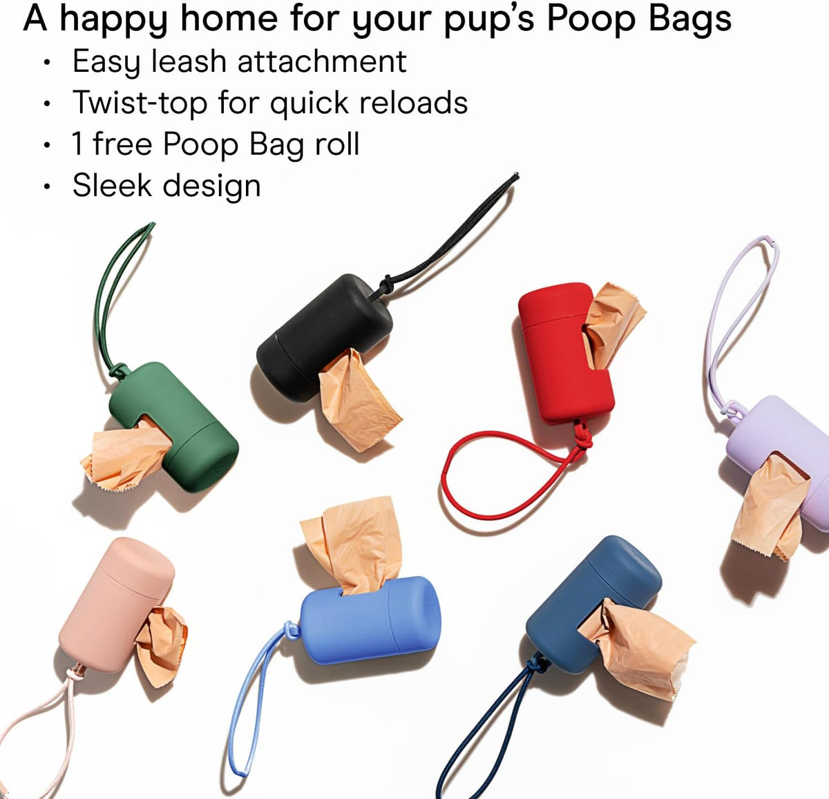 Dog Poop Bag Holder and Dispenser with Leash Attachment, Leak Proof, Easy Twist Top for Refills, Includes 1 Roll Bags, Black