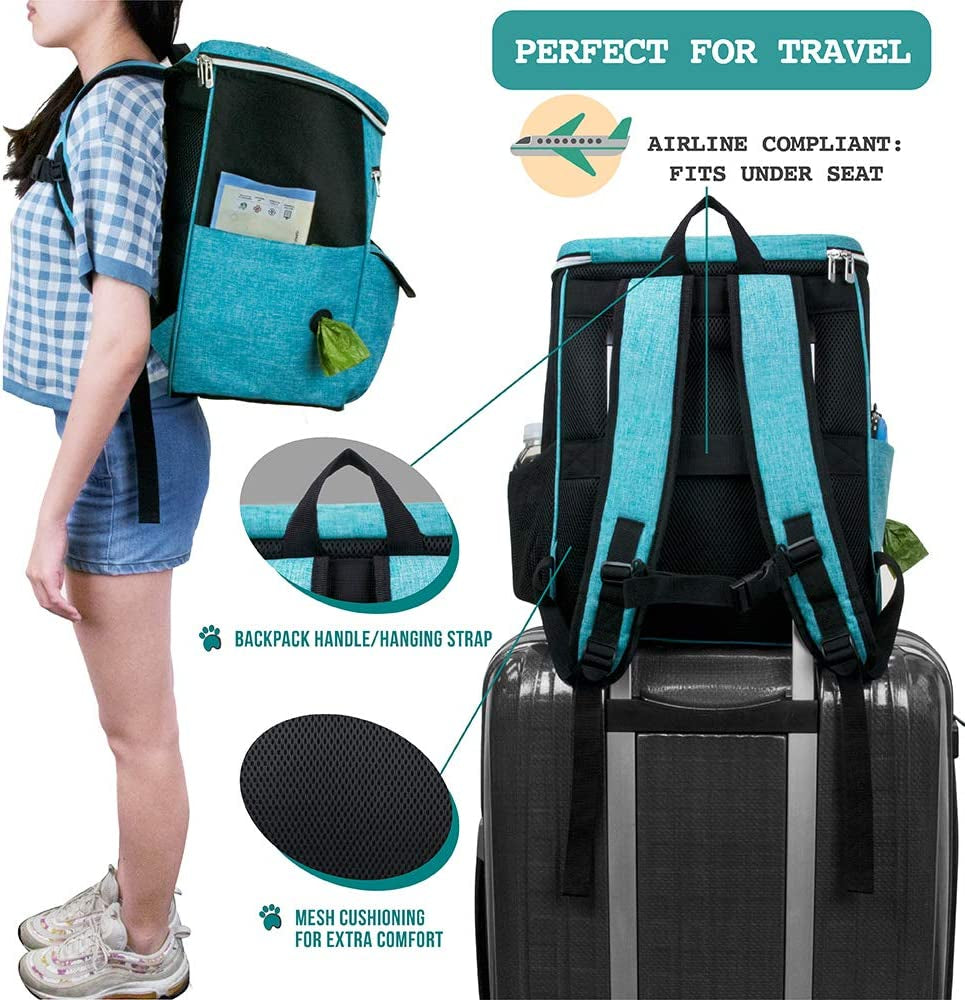Dog Travel Backpack 27L Airline Approved Pet Supplies Bag, Teal Blue