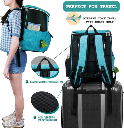 Dog Travel Backpack 27L Airline Approved Pet Supplies Bag, Teal Blue