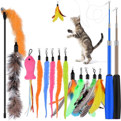 Cat Feather Toys, 13PCS Replacement Teaser with Bell Refills and 2PCS Retractable Cat Wand Toy , Interactive Cat Wand for Kitten Cat Having Fun Playing
